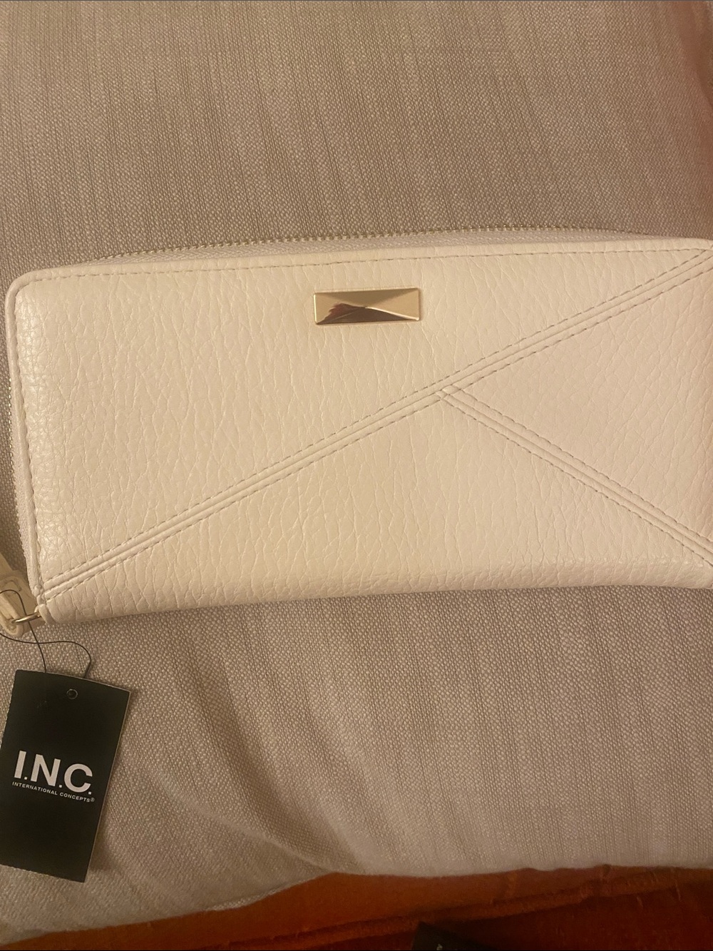 INC Sugar Cream Zip-Around Pebbled Wallet with Gold Accent NWT
